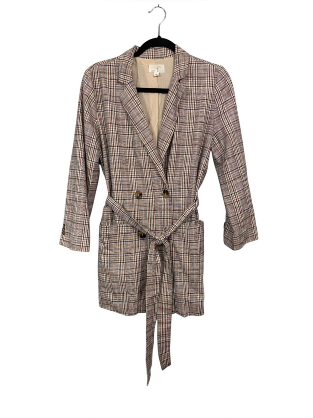 Lost + Wander Women's Medium Ezra Double Breasted Plaid Check Blazer Belt Pocket